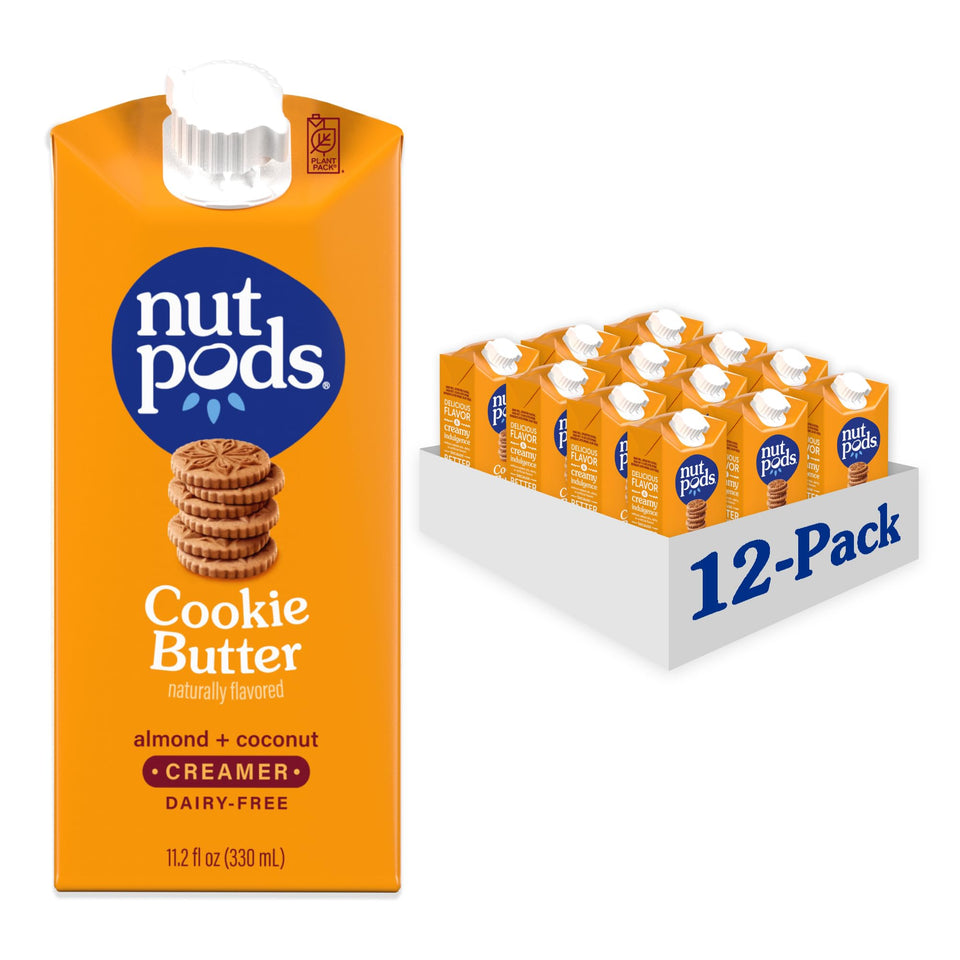 nutpods Cookie Butter creamer bottle on kitchen counter for dairy-free coffee