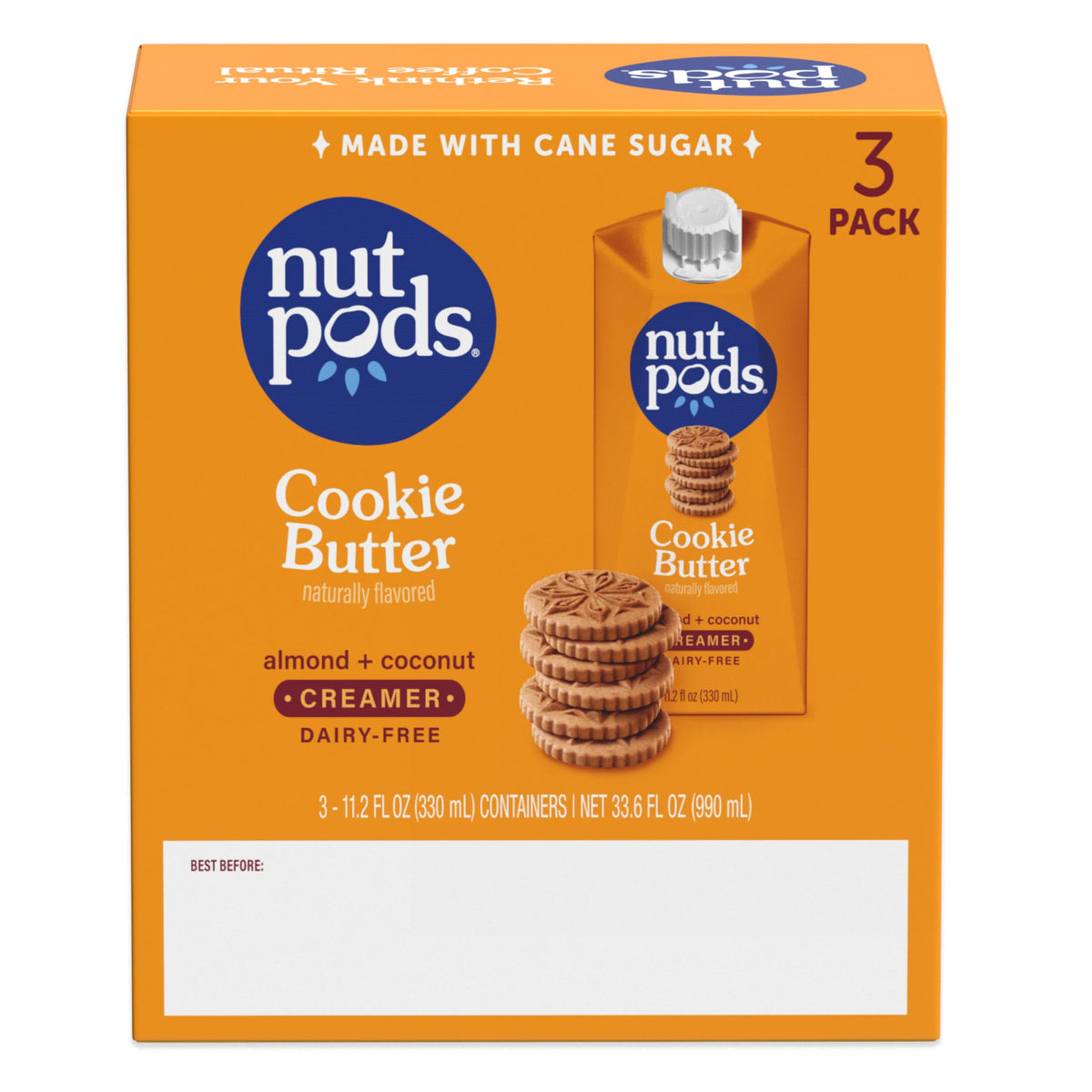 nutpods Cookie Butter non dairy creamer in glass cup demonstrates smooth latte creaminess