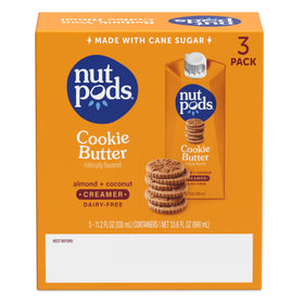 nutpods Cookie Butter non dairy creamer in glass cup demonstrates smooth latte creaminess