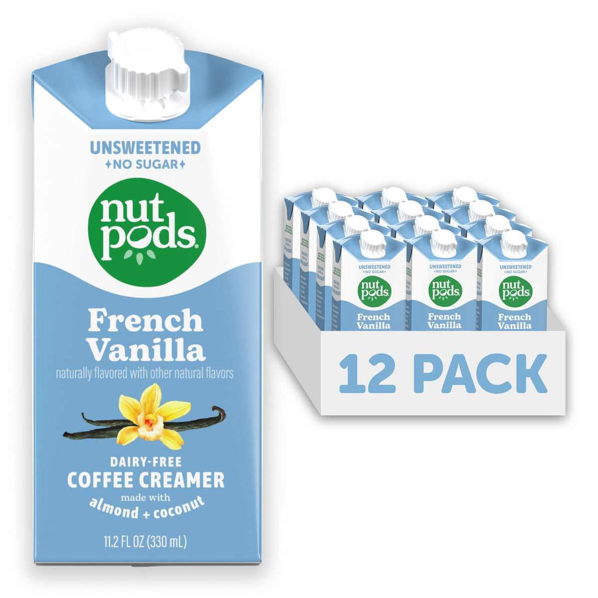 Nutpods dairy-free French Vanilla creamer 12-pack front view for pantry storage