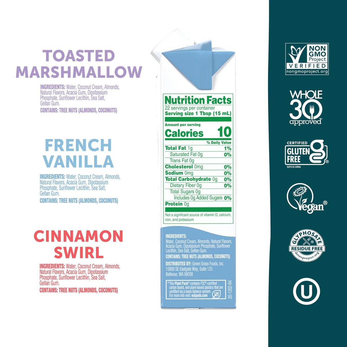 nutpods french vanilla coffee creamer, smooth flavor with zero sugar per serving.