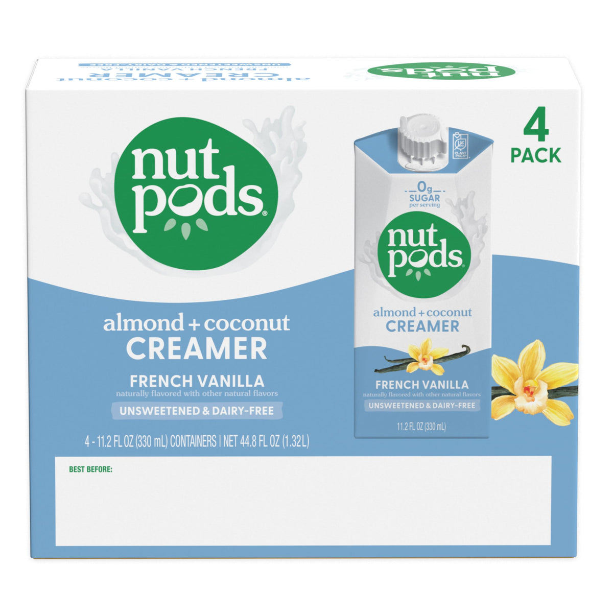 nutpods French Vanilla Creamer 4-pack box display for easy pantry stock