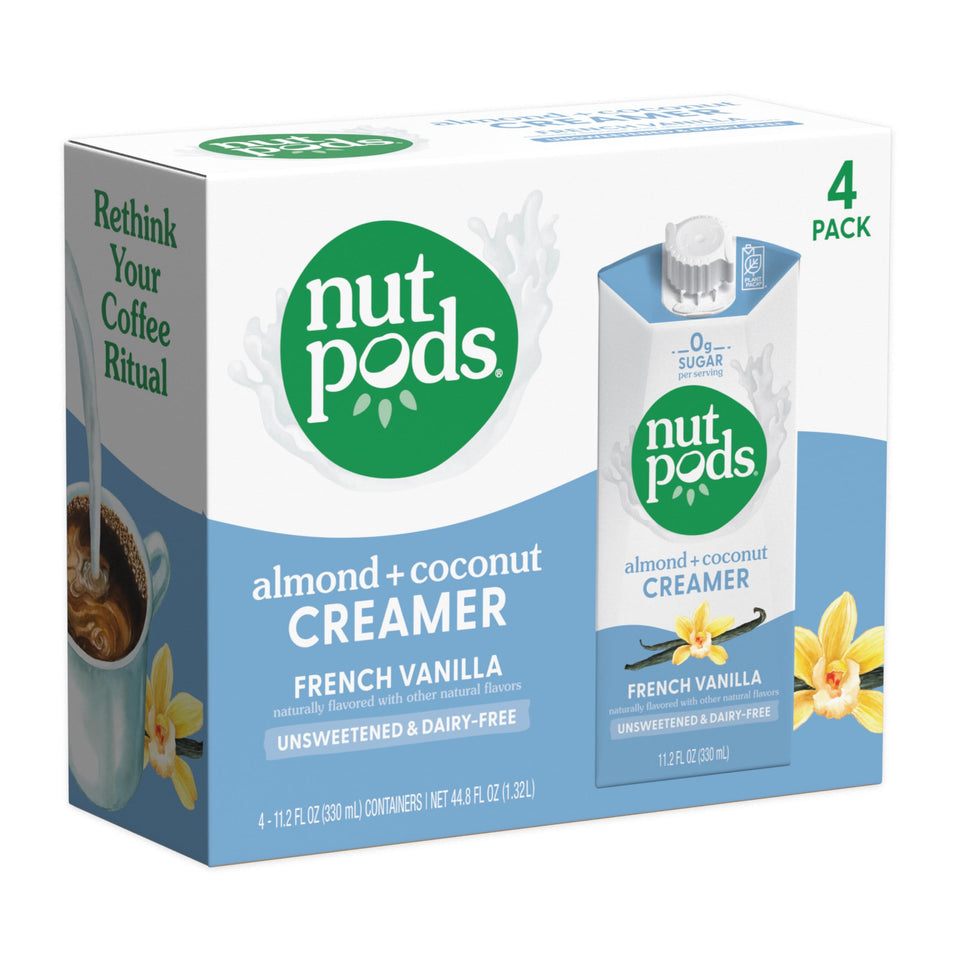nutpods French Vanilla Creamer bottle pouring into coffee for dairy-free richness
