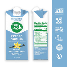 nutpods French Vanilla Creamer glass bottle on kitchen counter ideal for keto coffee