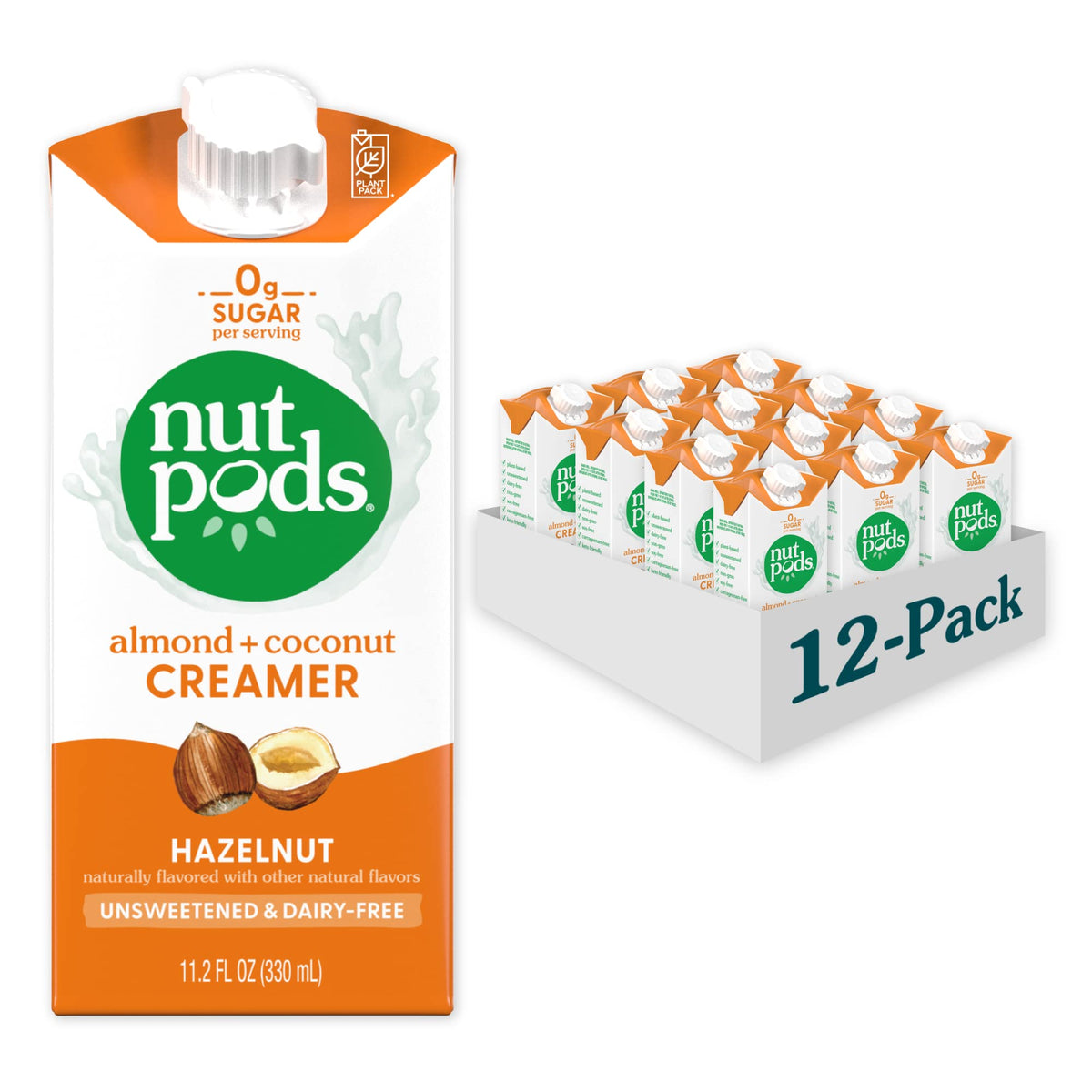 nutpods Hazelnut Creamer bottle on shelf, sugar-free, dairy-free creamer for coffee