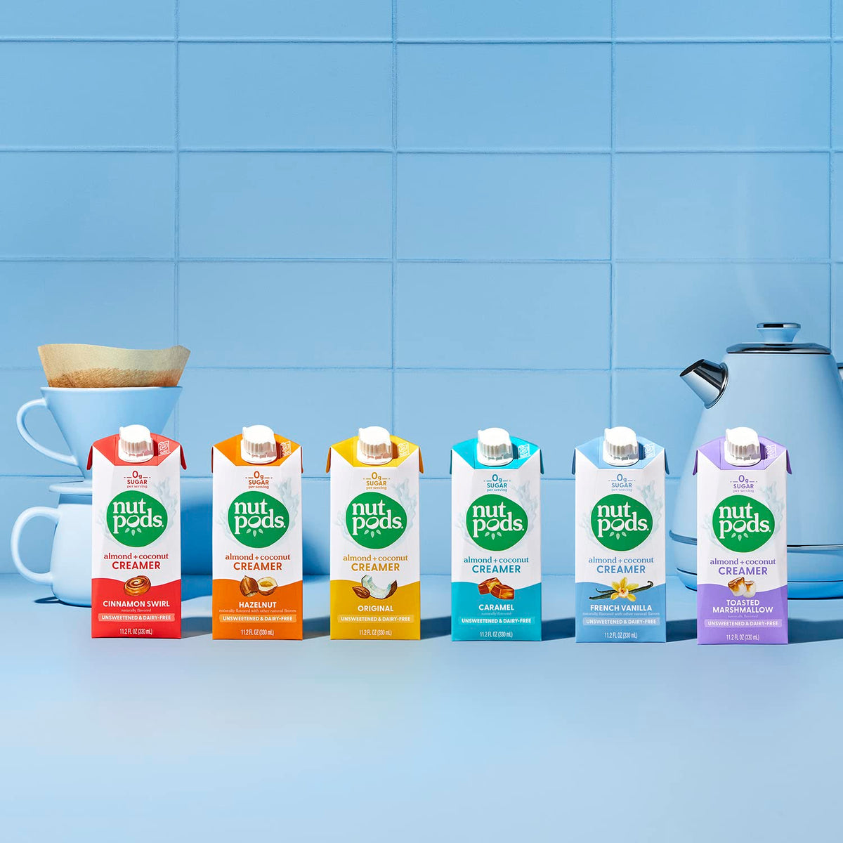 nutpods Hazelnut Creamer on kitchen counter, compatible with Whole30 and keto lifestyles