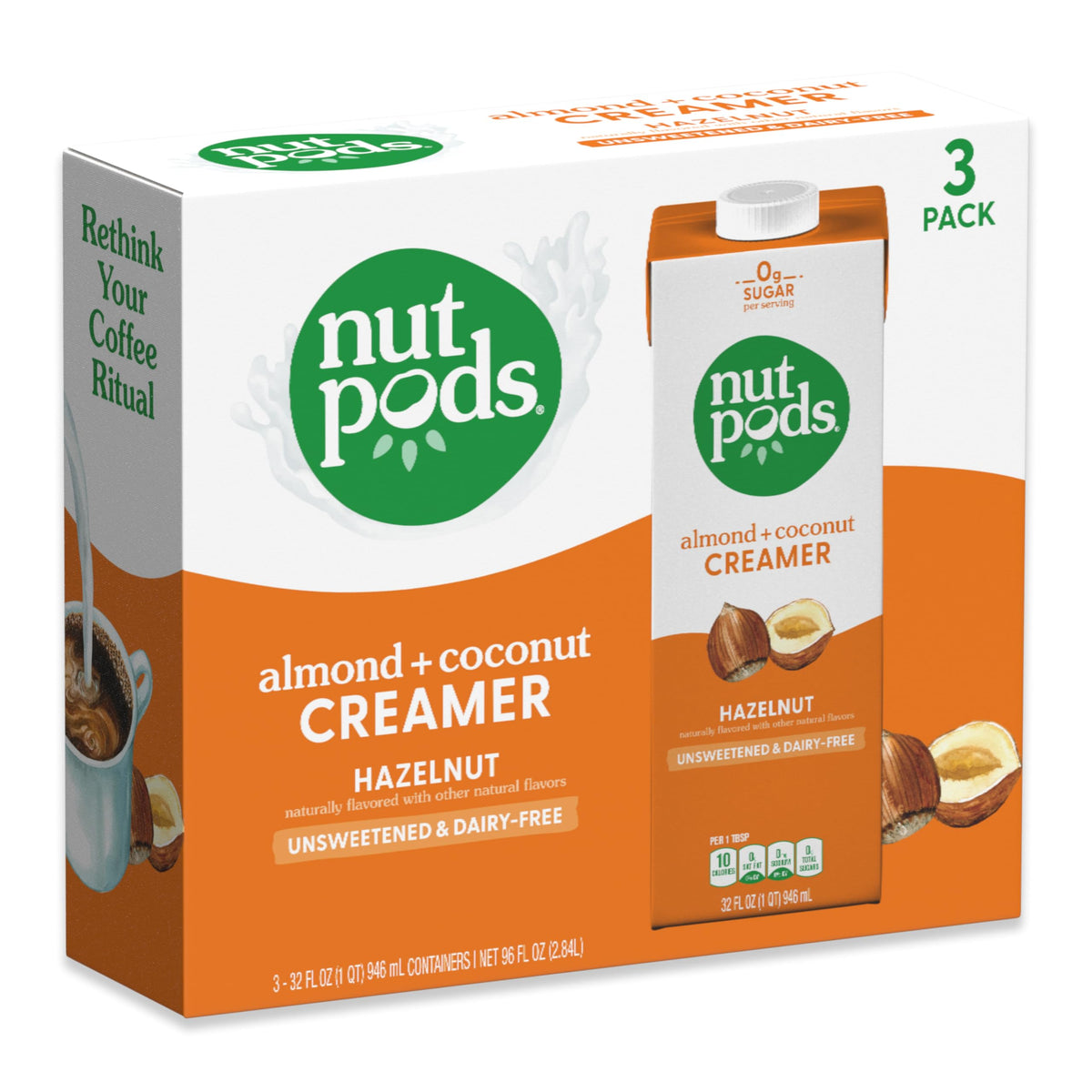 NutPods hazelnut dairy-free creamer being stirred into a hot mug