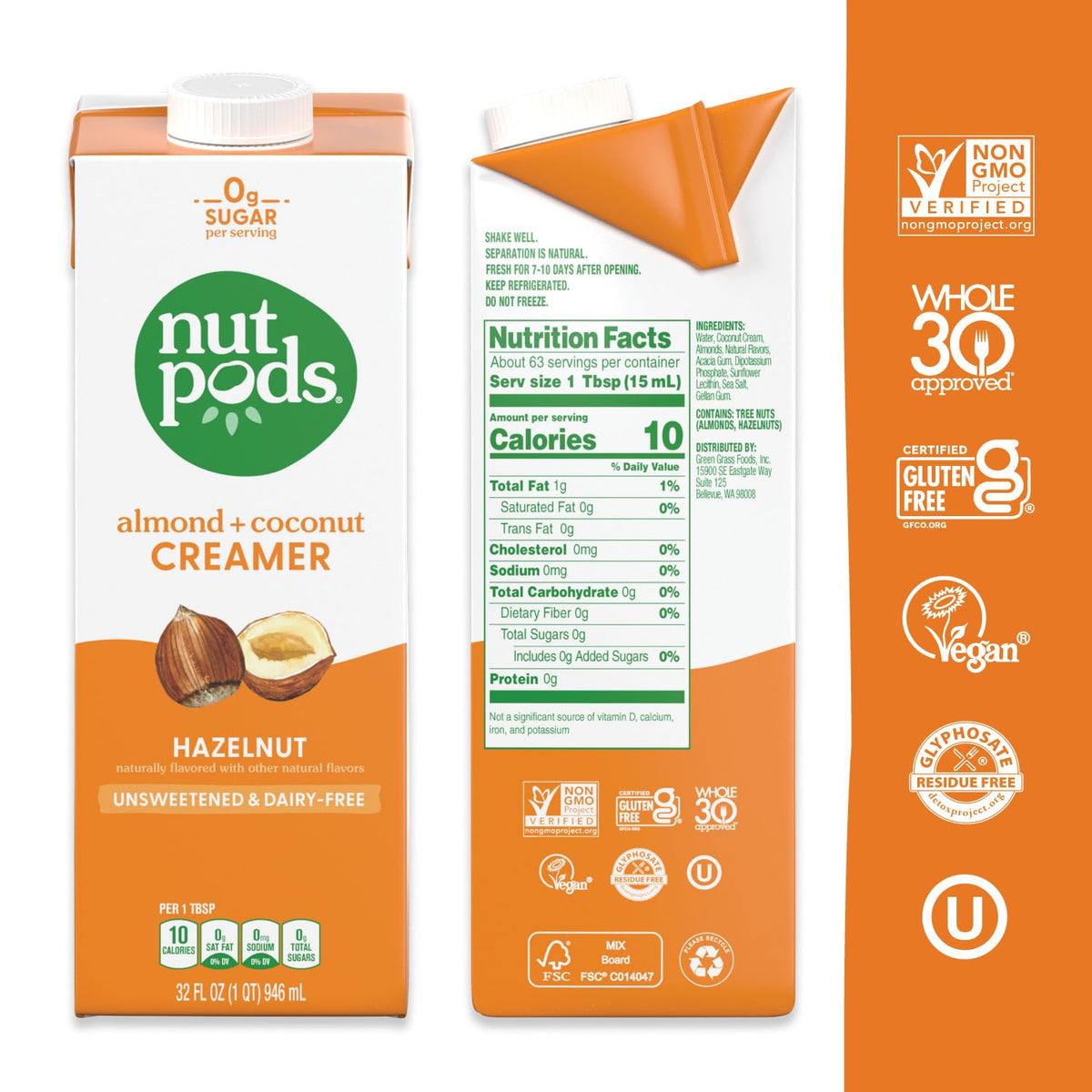 NutPods sugar-free hazelnut creamer adding smooth, dairy-free richness to your coffee
