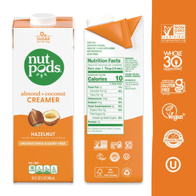 NutPods sugar-free hazelnut creamer adding smooth, dairy-free richness to your coffee