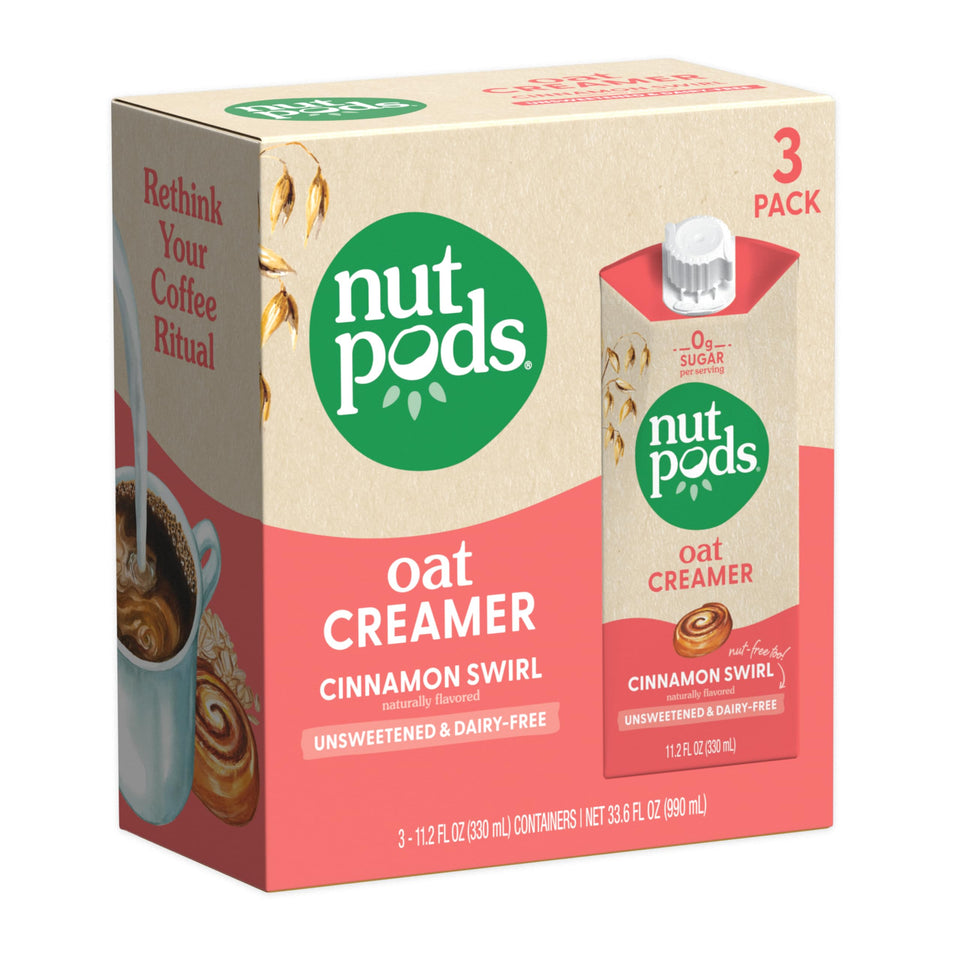 nutpods Oat Cinnamon Swirl bottle pour; dairy-free creaminess for coffee