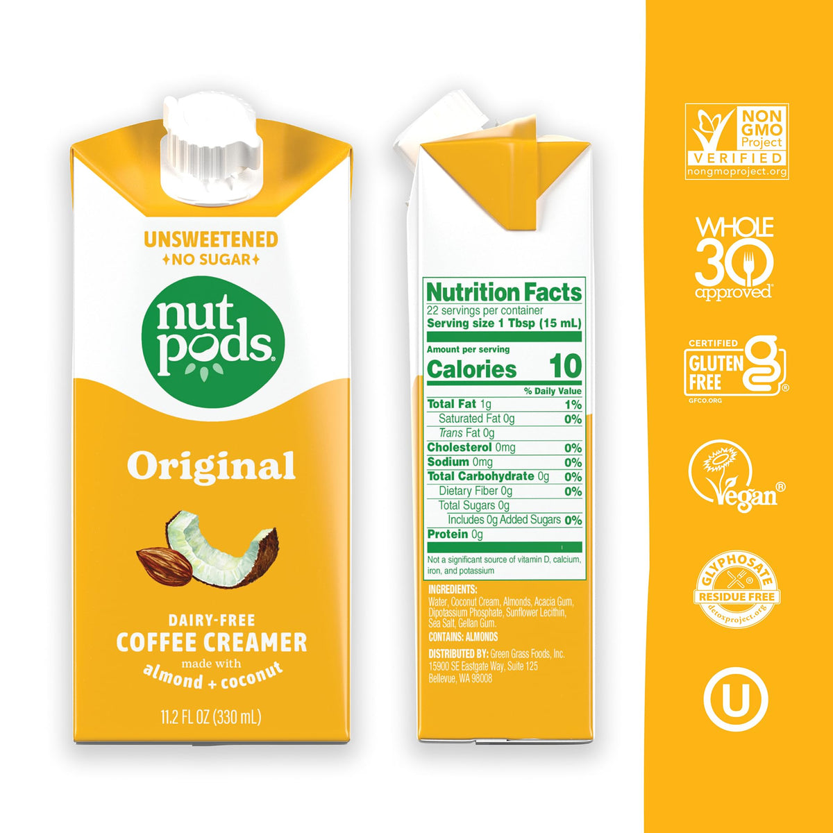 nutpods Original unsweetened creamer with almond and coconut enhances a creamy coffee