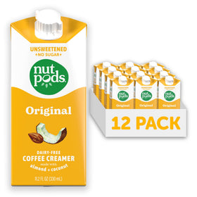 Nutpods Original Unsweetened Creamer pours into coffee for zero-sugar richness