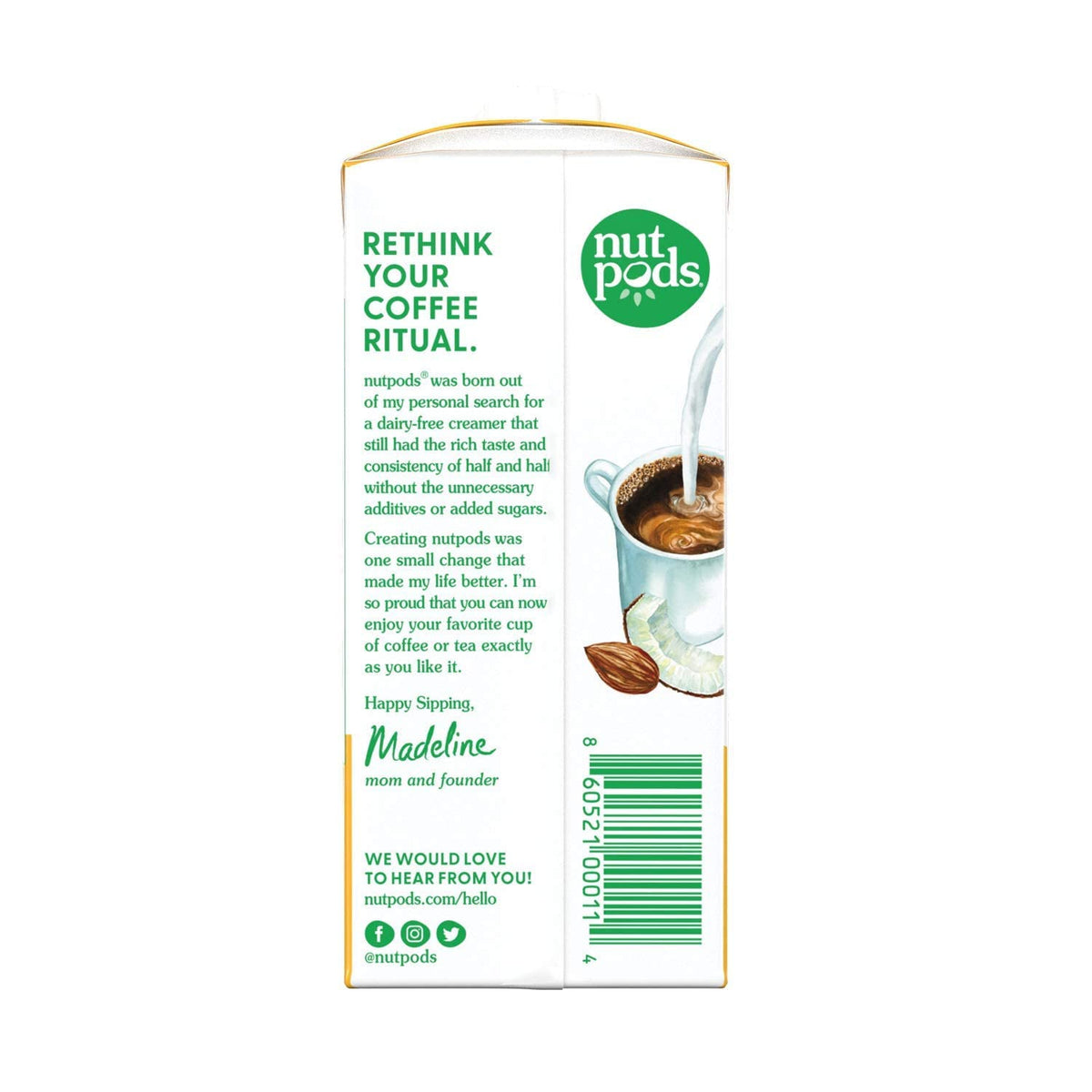 Nutpods Original Unsweetened Creamer in cup with coffee highlights keto-friendly use