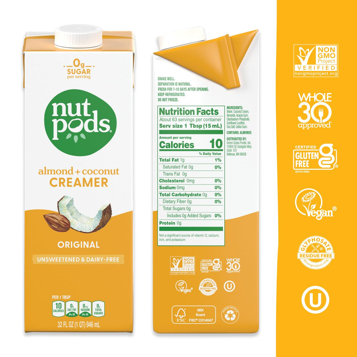 nutpods Original Unsweetened label closeup highlighting zero sugar per serving
