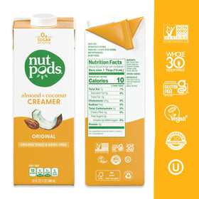 nutpods Original Unsweetened label closeup highlighting zero sugar per serving