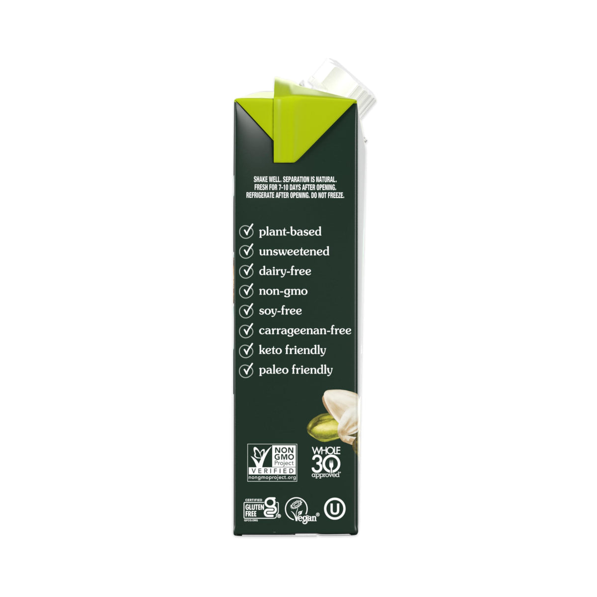 nutpods pistachio packaging shown on a pantry shelf.