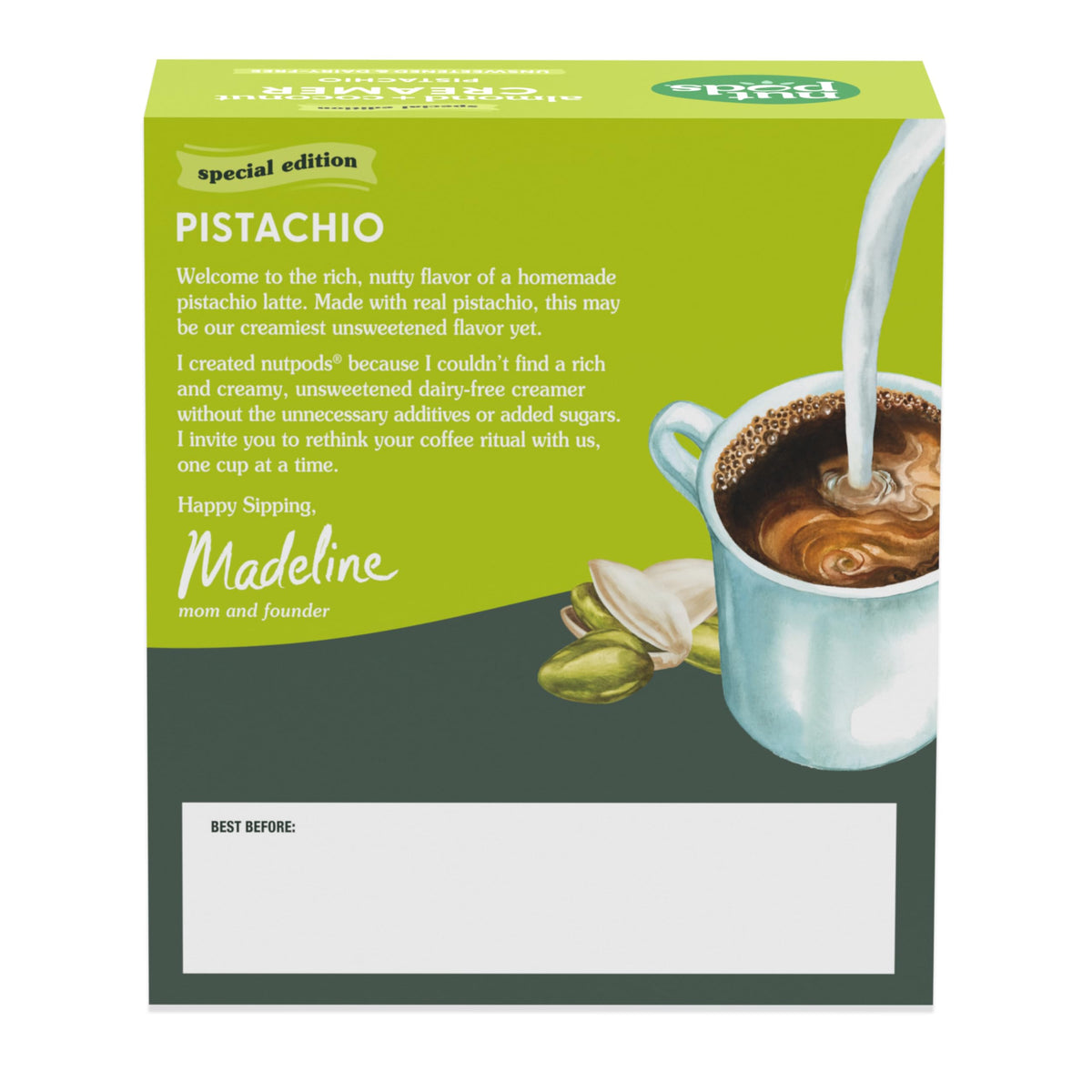 nutpods Pistachio Unsweetened Creamer 3-pack on display for pantry use.