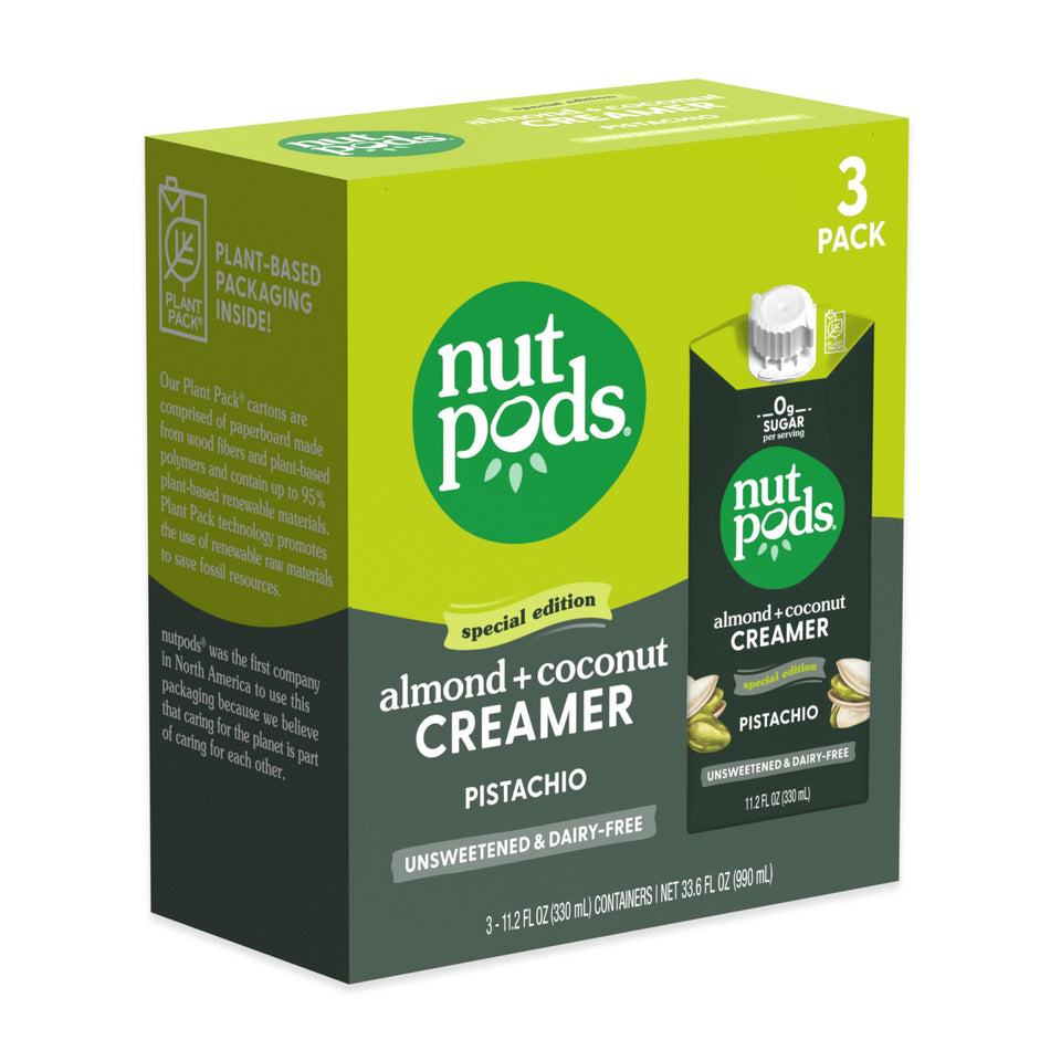 nutpods Pistachio Unsweetened Creamer being poured into coffee for a smooth, sugar-free flavor.