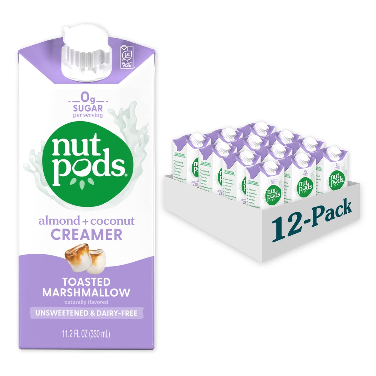 nutpods Toasted Marshmallow creamer bottle showing unsweetened, dairy-free formula for keto-friendly coffee