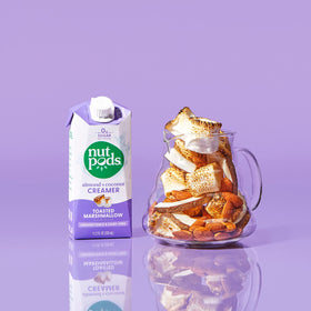 nutpods Toasted Marshmallow packaging on shelf emphasizes long shelf life and pantry storage