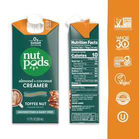 nutpods Toffee Nut Creamer in cup enhances coffee aroma and body.