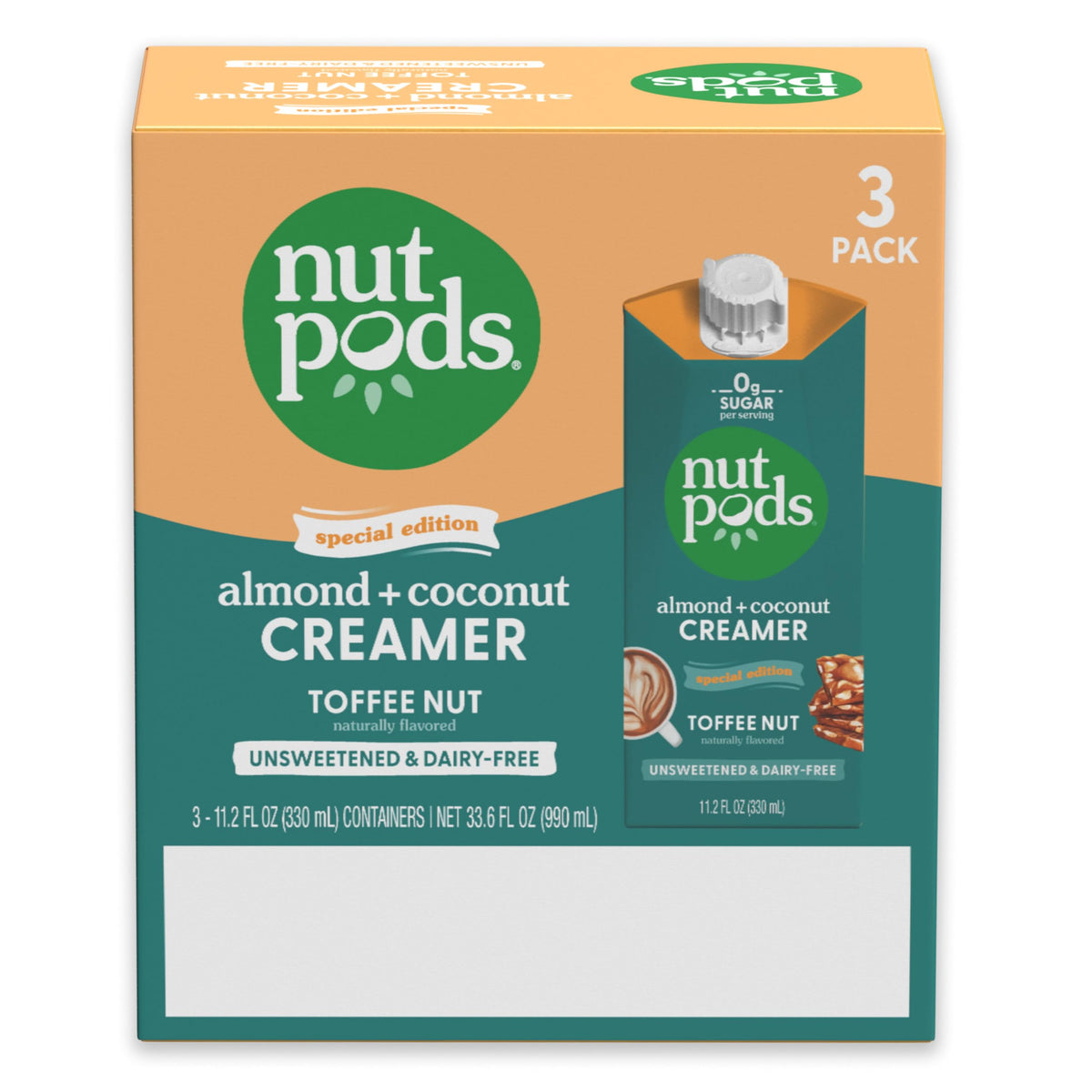 nutpods Toffee Nut ingredients show almond and coconut base for plant-based cream