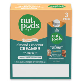 nutpods Toffee Nut ingredients show almond and coconut base for plant-based cream