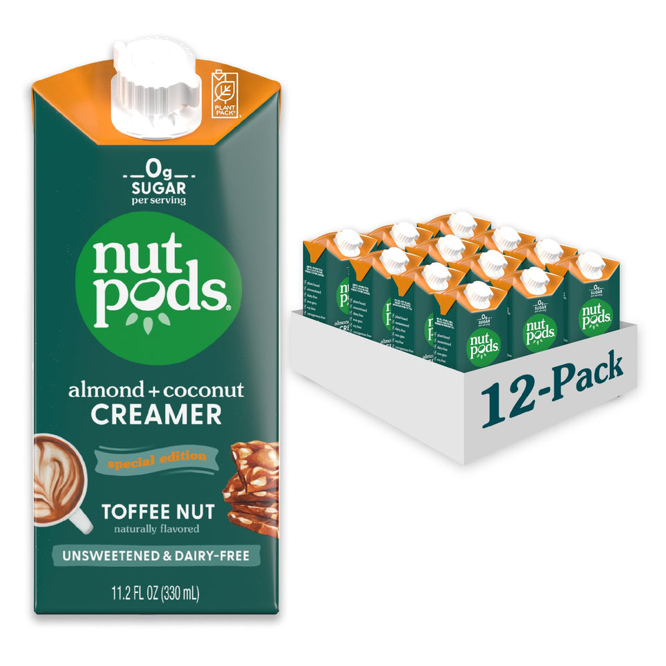 nutpods Toffee Nut Creamer poured into coffee for creamy, sugar-free flavor.