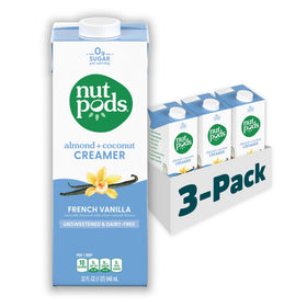 Nutpods unsweetened French Vanilla coffee creamer in a 32oz 3-pack bottle, dairy-free and zero sugar.