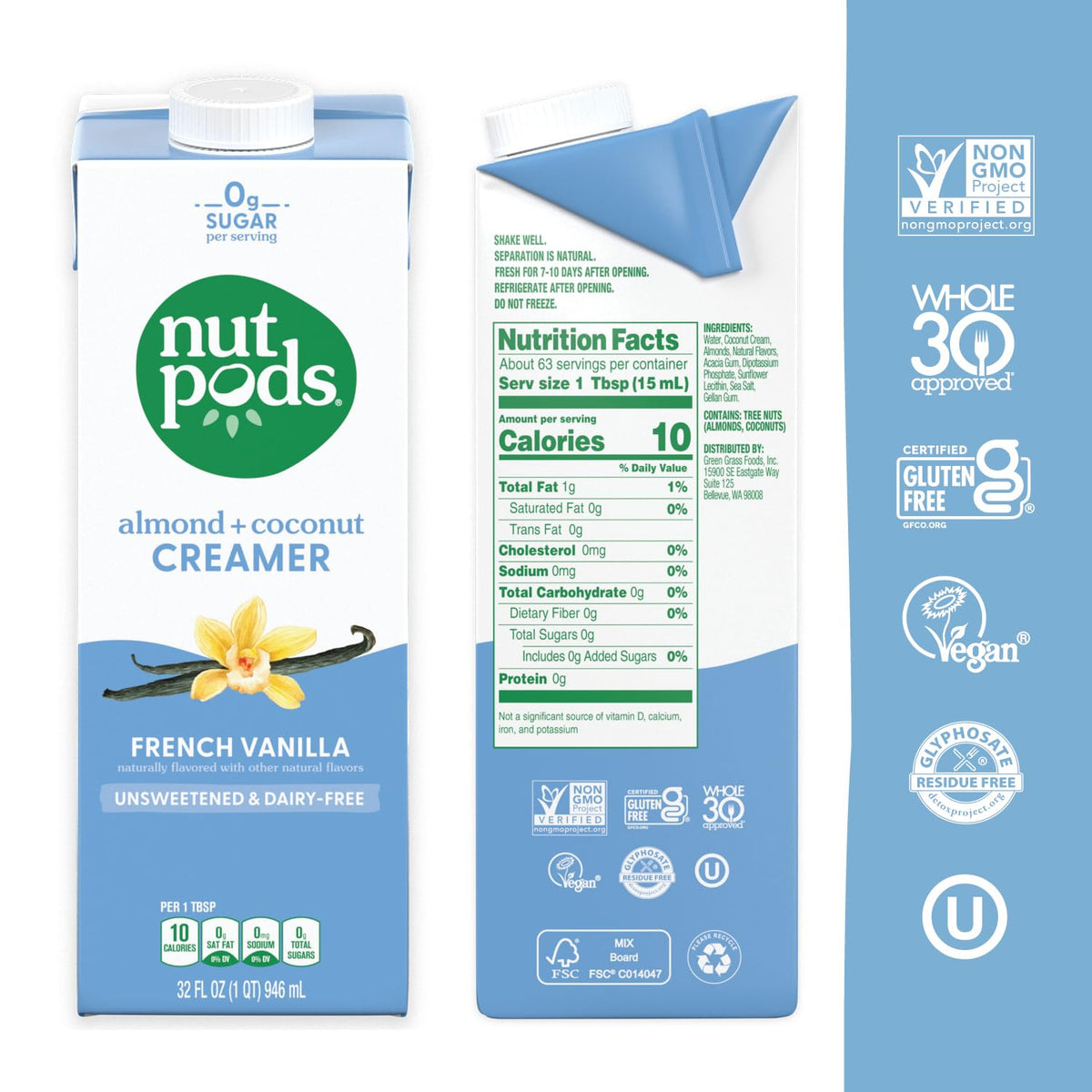 Nutpods unsweetened French Vanilla creamer label highlights sugar-free, keto-friendly option.