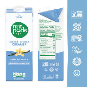 Nutpods unsweetened French Vanilla creamer label highlights sugar-free, keto-friendly option.
