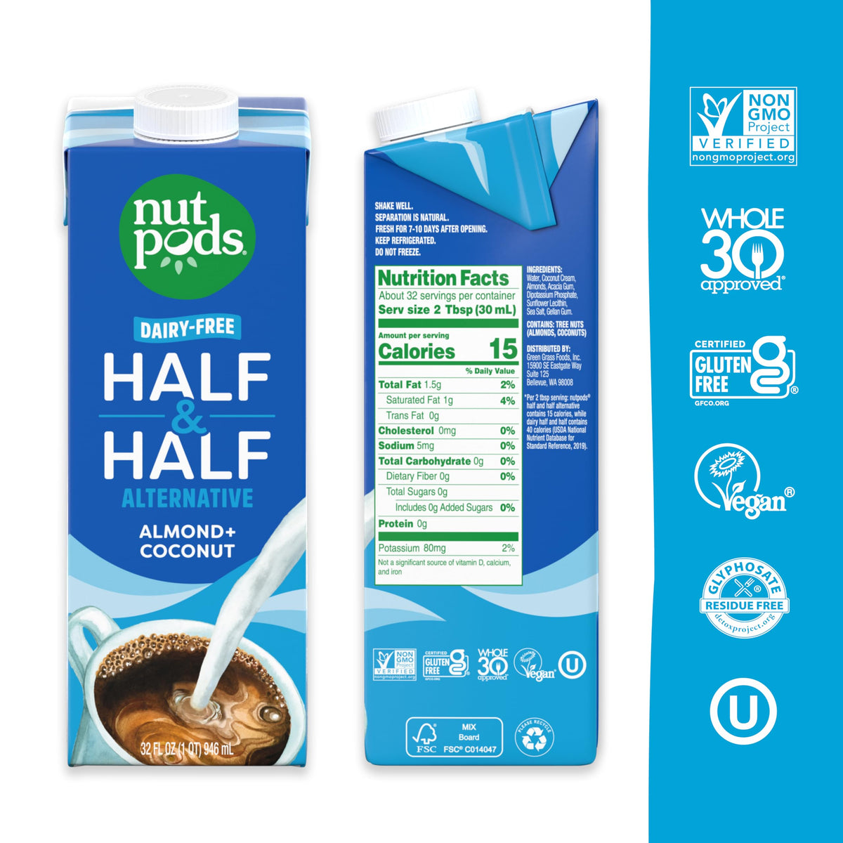 nutpods unsweetened half and half carton in pantry shows long shelf life
