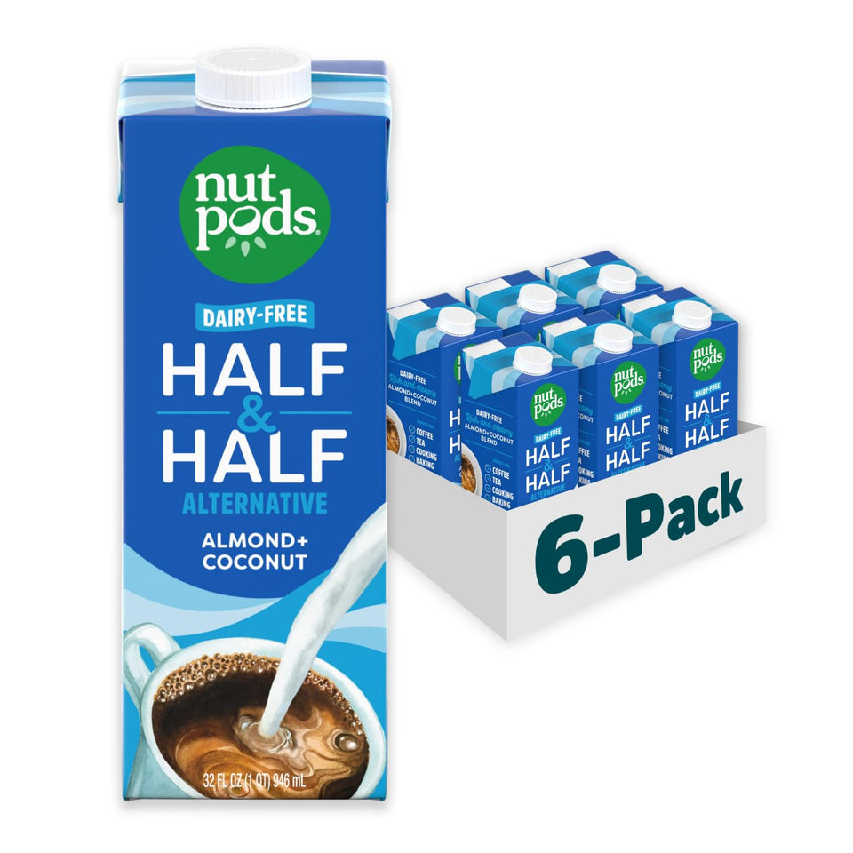 Nutpods unsweetened Half and Half six-pack bottles ready for dairy-free coffee