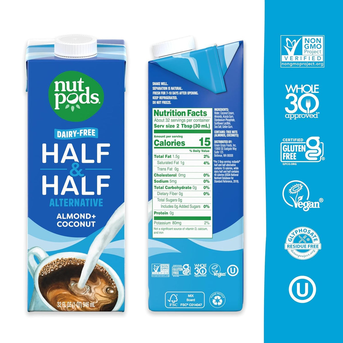 Nutpods unsweetened Half and Half being poured into a cup showing creamy texture