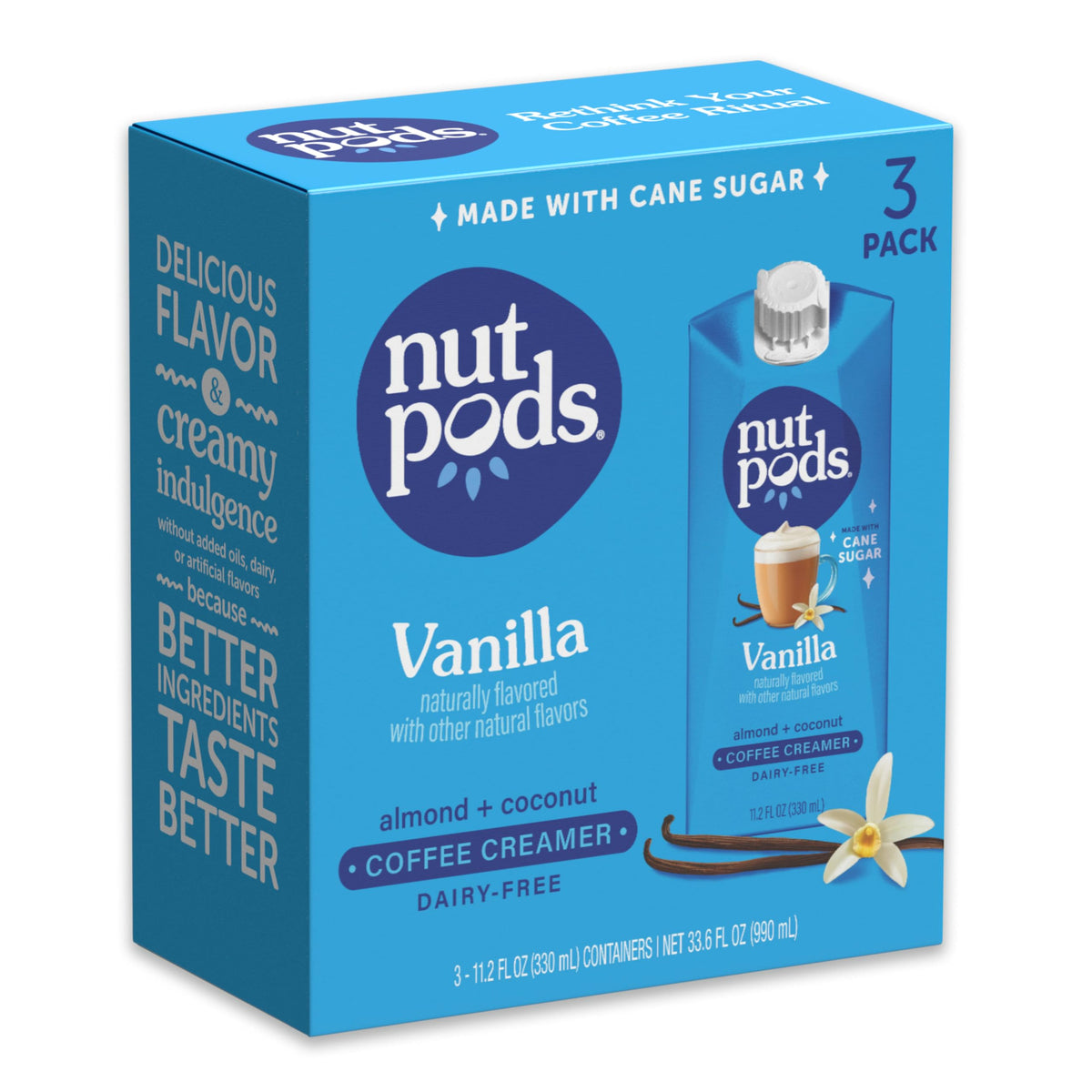 nutpods Vanilla Creamer bottle pouring into coffee for creamy vanilla flavor