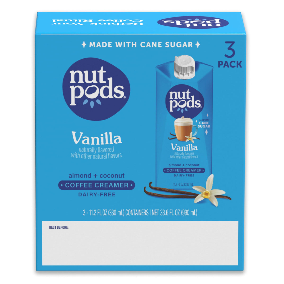 Three-pack of nutpods Vanilla Non-Dairy Creamer on shelf