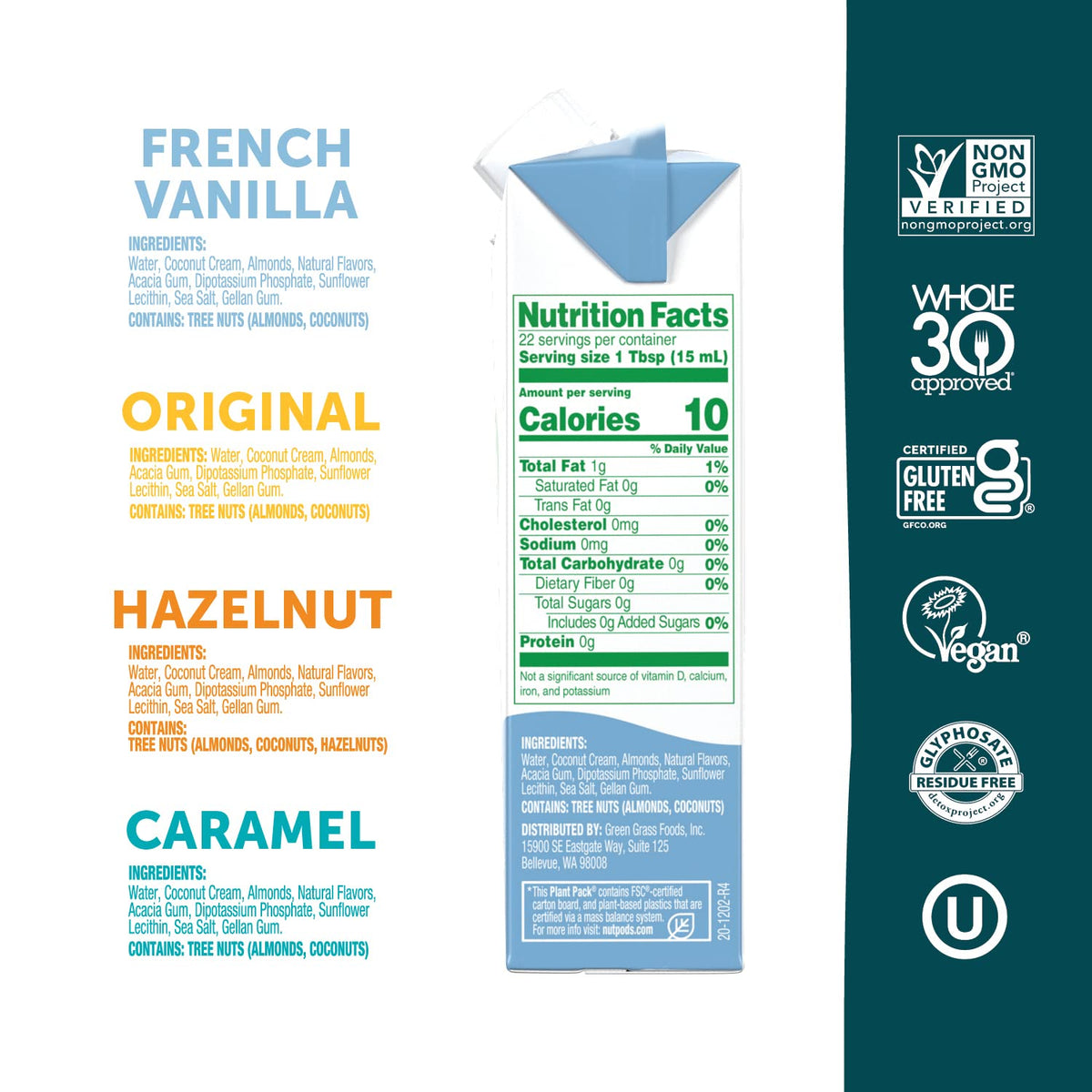 nutpods hazelnut bottle highlights rich, nutty flavor without sugar for everyday coffee