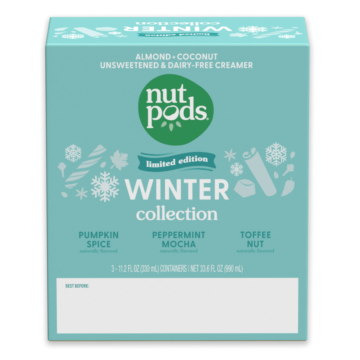 nutpods Winter Collection packaging on shelf hints at pantry-friendly shelf life.