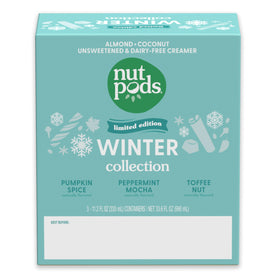 nutpods Winter Collection packaging on shelf hints at pantry-friendly shelf life.