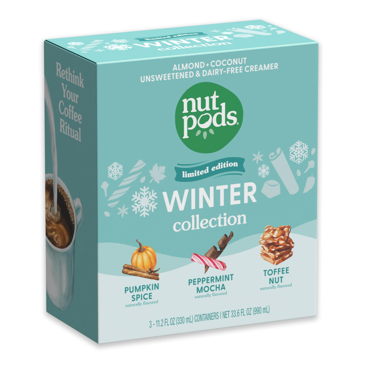 nutpods Winter Collection Pumpkin Spice pour in coffee, creamy dairy-free indulgence.