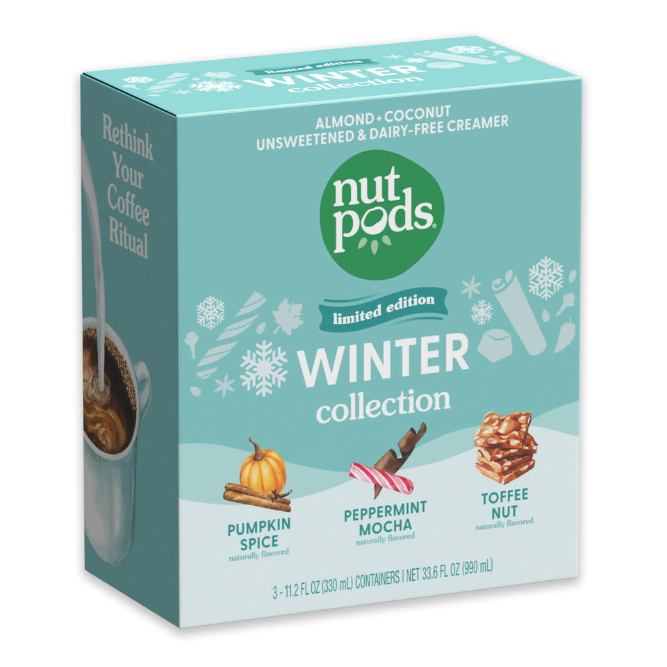 nutpods Winter Collection Pumpkin Spice pour in coffee, creamy dairy-free indulgence.