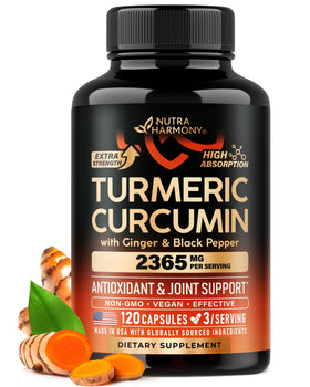NutraHarmony Turmeric Curcumin bottle showcases potent blend for daily joint comfort.