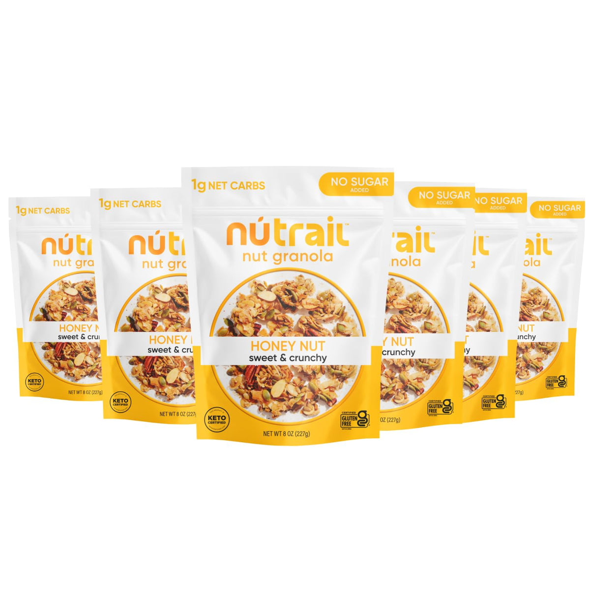NuTrail Honey Nut Granola in a bowl with crunchy clusters and golden color