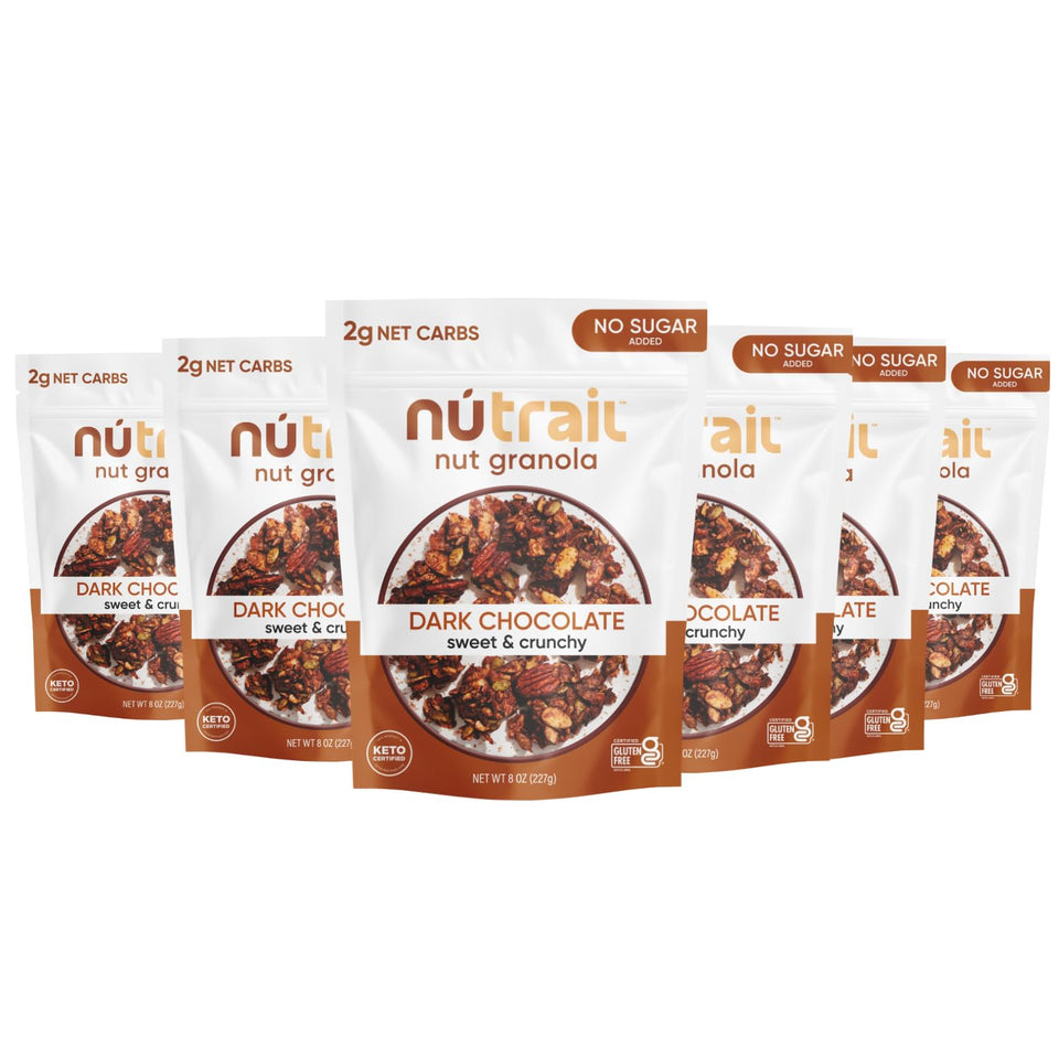 NuTrail Nut Granola with dark chocolate in a bowl, keto-friendly breakfast.