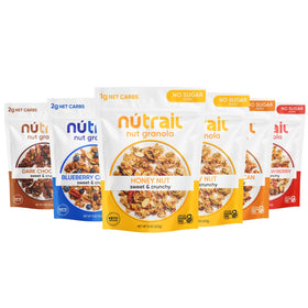 NuTrail Nut Granola Variety Pack bag front shows gluten free no sugar added labeling