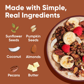 NuTrail Nut Granola with milk serving, ideal with yogurt or smoothie bowls.