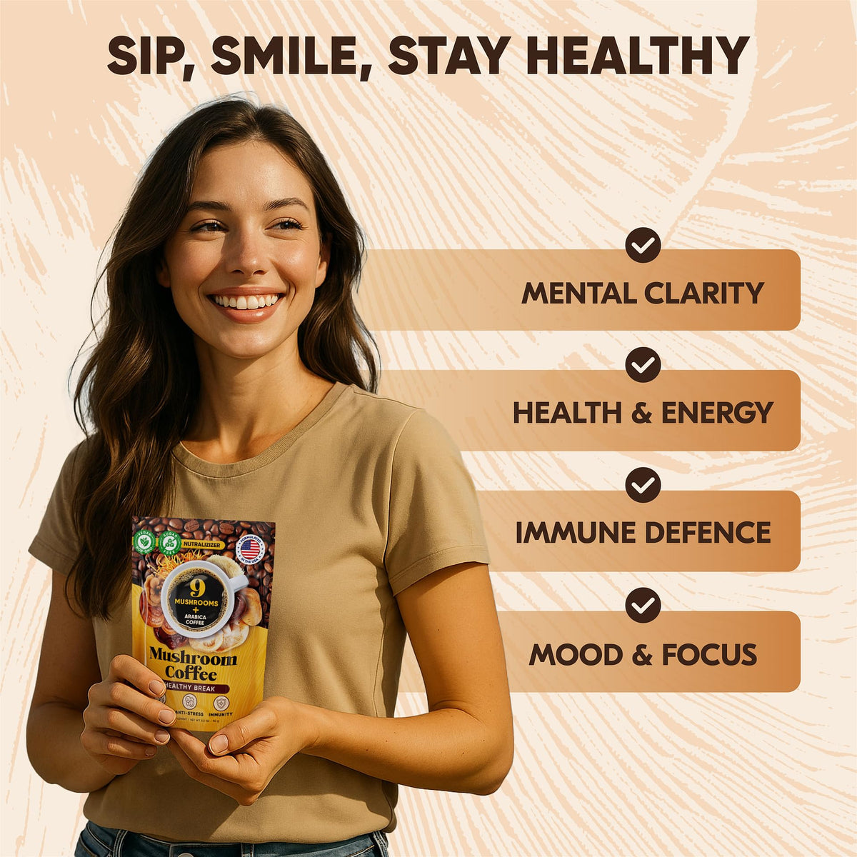 NUTRALIZIZER Mushroom Coffee mushroom blend close-up highlighting adaptogens for focus.