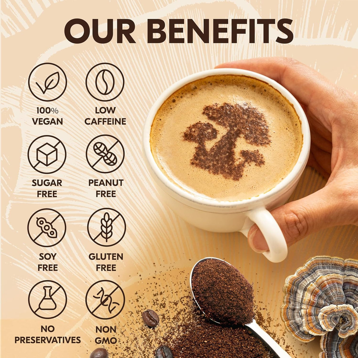 NUTRALIZIZER Mushroom Coffee sugar-free claim on packaging for guilt-free flavor.