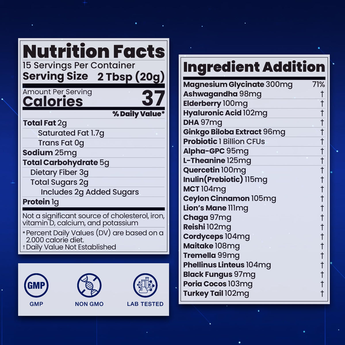 NUTRATASTE 10-mushroom complex label highlights adaptogenic ingredients