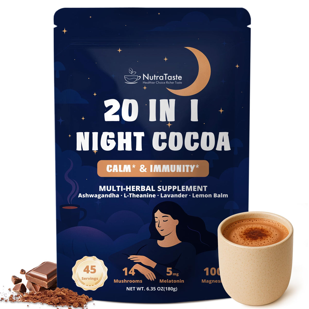 NutraTaste Mushroom Hot Cocoa bag open, 14-mushroom blend for relaxation